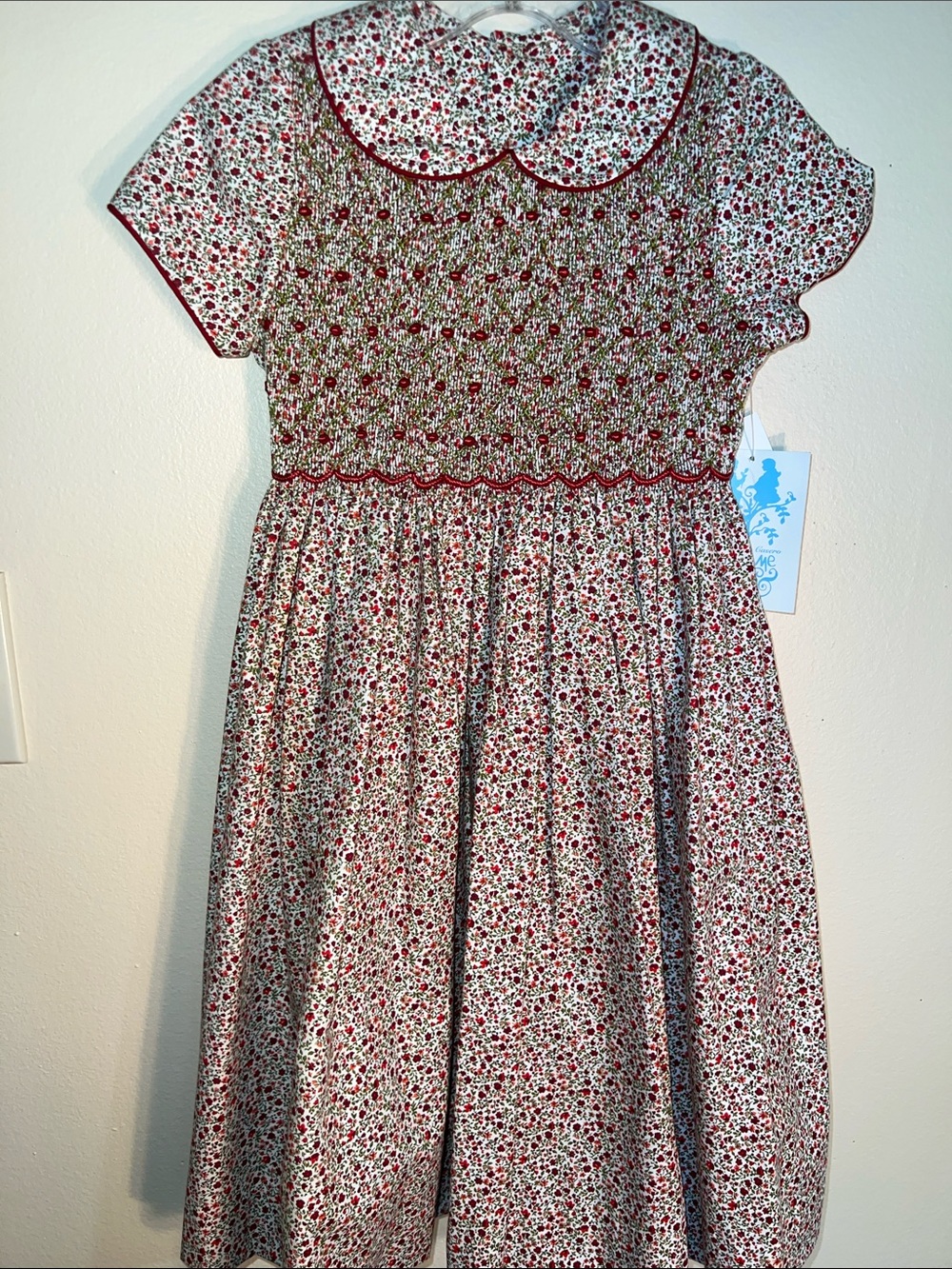 Vintage Full Front Smocked Kids Dress in Red and White Chintz Print.